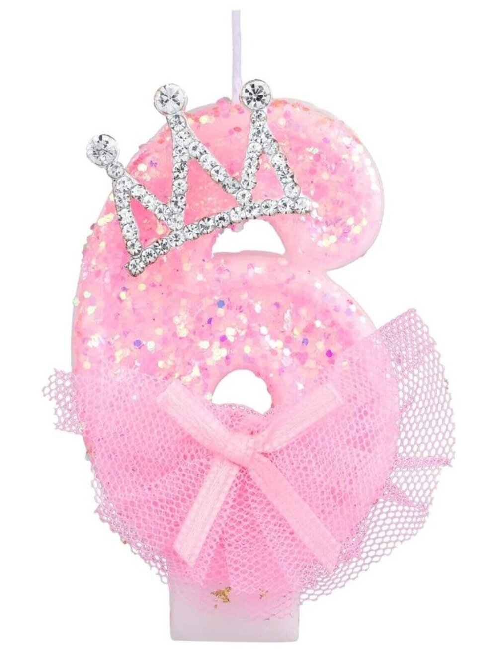 Pink Glitter Crown Tutu Birthday Candle Cake Cupcake Topper 6 Party Princess